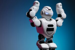 close up shot of white toy robot in blue background